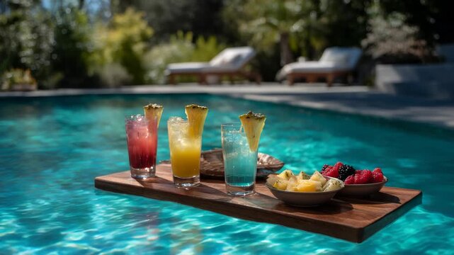 Refreshing poolside summer drinks and snacks with vibrant colors and sunny ambiance