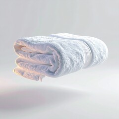A pristine white, folded towel levitates with soft lighting