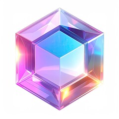 A multi-faceted, translucent, gem-like cube, glowing with iridescent colors