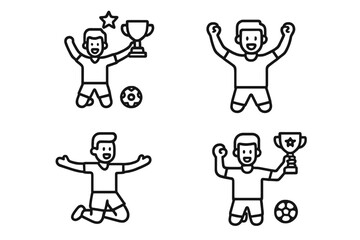Soccer player icons celebrating with trophies and soccer balls