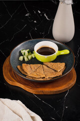 Breakfast Meal with Coffee and Crepes.