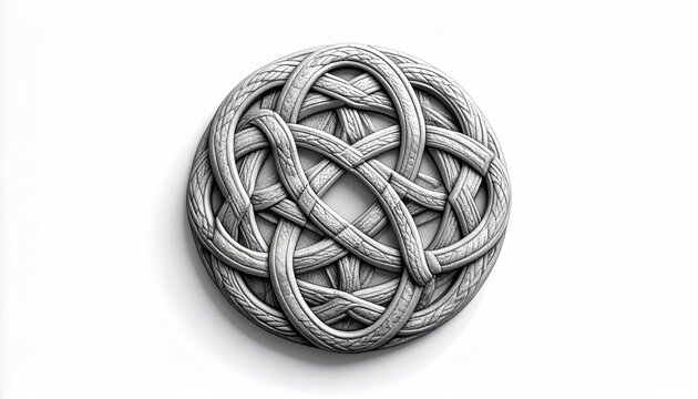 Intricate, circular knot design, 3D render, grayscale on white background