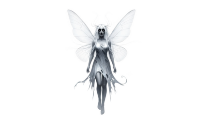 Ethereal white fairy with large butterfly wings and antlers against black background ghost spirit