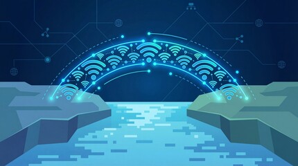 Futuristic network bridge connecting digital gap with glowing blue Wi-Fi signals