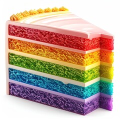 Slice of rainbow-layered cake with frosting and a white background