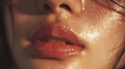 Close-up image of lips coated with a glossy finish, showing moisture and a subtle shimmer. The lighting emphasizes the contours and texture, creating an intimate focus on the facial features.