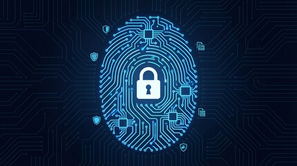 Secure digital fingerprint with padlock on circuit board background