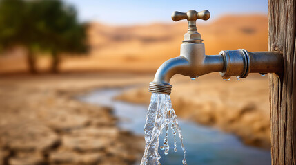Water faucet flowing in arid environment, water conservation, scarcity awareness, resource management, drought conditions, environmental responsibility, with copy space