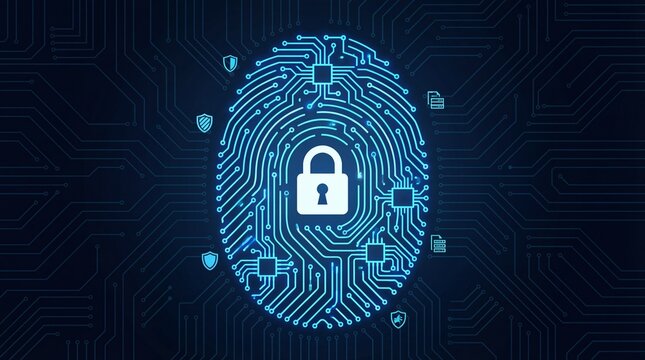 Secure digital fingerprint with padlock on circuit board background - Powered by Adobe