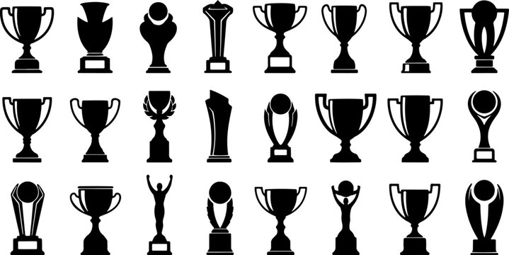 Large collection of black trophy and award silhouettes in various shapes and styles isolated on white background for sports competition achievement and success icons.