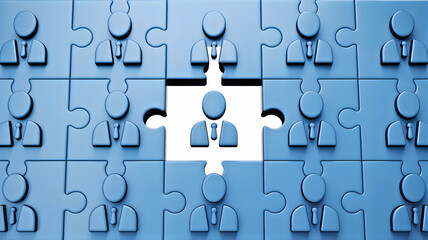 Conceptual image of a blue puzzle grid with a missing piece, featuring a business person icon, symbolizing the search for talent, recruitment, and organizational completeness