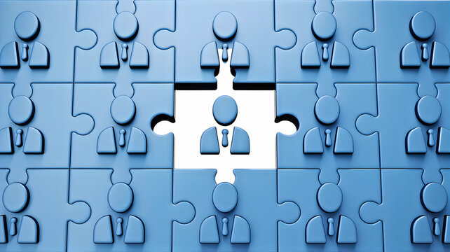 Conceptual image of a blue puzzle grid with a missing piece, featuring a business person icon, symbolizing the search for talent, recruitment, and organizational completeness