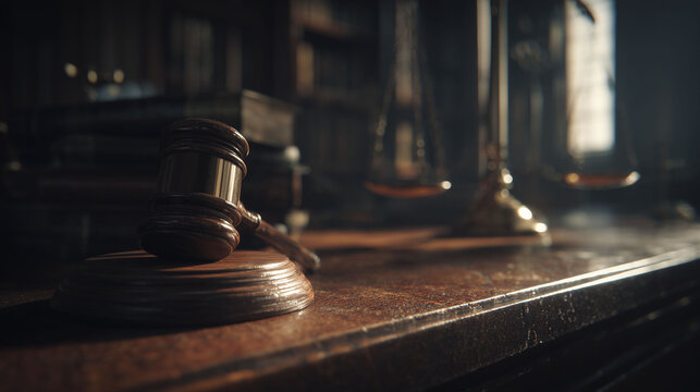 A gavel lies on a wooden surface in a dimly lit room, accompanied by a balance scale that signifies justice. The surroundings suggest a legal context, emphasizing order and law