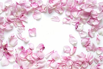 Soft pink rose petals scattered framing pure white Romantic floral beauty on transparent background