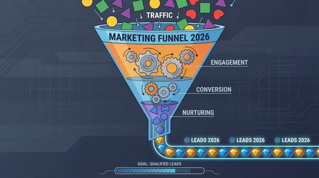 Marketing funnel 2026 with traffic conversion and lead generation process