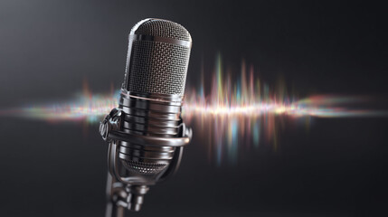 A silver microphone stands prominently with sound waves visualized behind it. The background is dark, focusing attention on the microphone's detail and design, suggesting an environment for audio