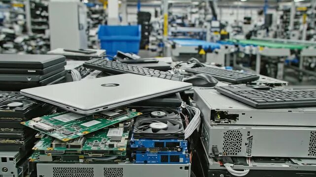 Electronic Waste Recycling Facility with Piles of Old Laptops and Computer Parts.
