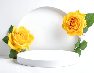 White display with yellow flowers as decorations, minimalist aesthetics