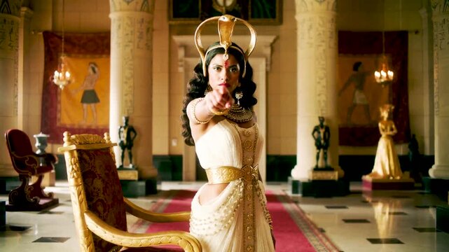 The Egyptian queen in the royal chambers rises from her throne and points forward with her finger