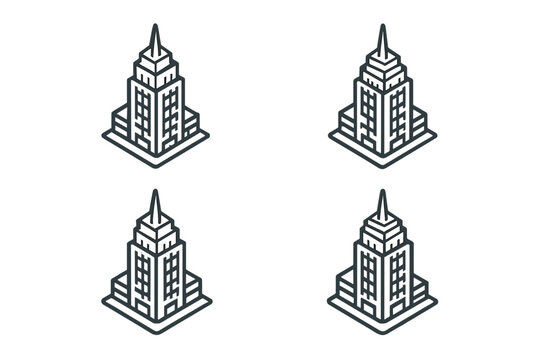 Isometric stylized skyscraper icons on a dark background