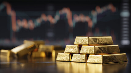 Stacks of gold bars are arranged on a reflective surface, with some bars scattered nearby. In the background, a blurred financial graph with fluctuating lines indicates market trends related to gold.