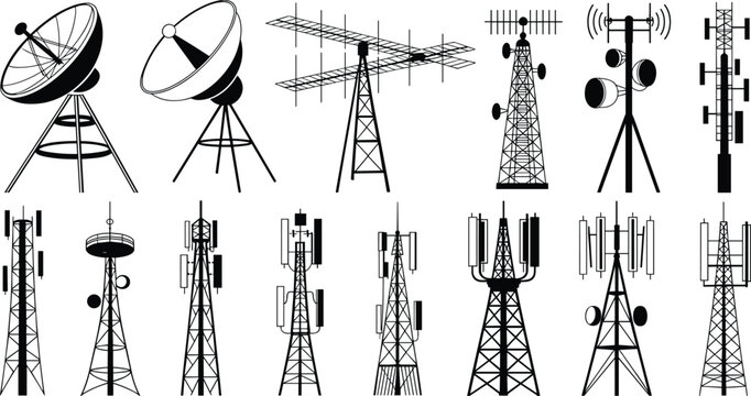 Collection of various communication towers, including satellite dishes, radio masts, and cell phone transmitters, symbolizing global connectivity, broadcast, and telecommunication technology.