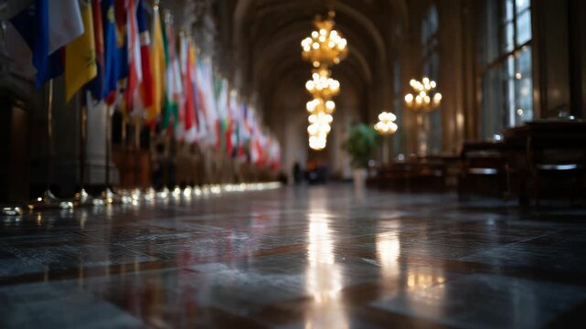 Elegant Interior of a Flag-Decorated Conference Hall with Warm Lighting
