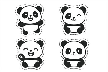 Cute cartoon panda stickers set with dashed cut lines