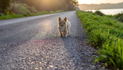 Adorable small fluffy dog walking on a paved road in a rural setting with lush green grass and a bright sunny sky