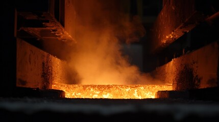 Medium shot of hightemperature electrolytic cell glowing with intense heat as alumina is converted into molten aluminum in industrial smelting process.