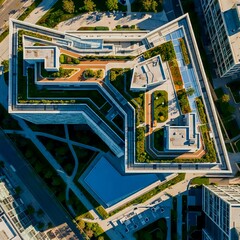 Aerial top-down view of modern zigzag-shaped building with green roof gardens, geometric pathways, blue reflective water feature, and surrounding urban architecture at golden hour. 