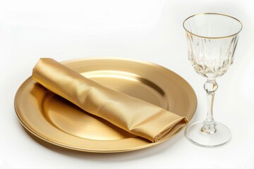 Luxury gold plate shimmering napkin elegant crystal goblet for formal on transparent background