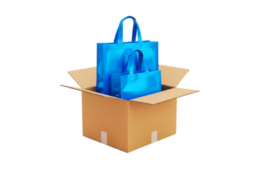 Blue reusable shopping bags in a cardboard box isolated on transparent background