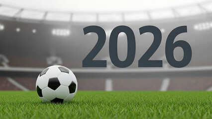 Soccer ball on stadium field with 2026 text overlay