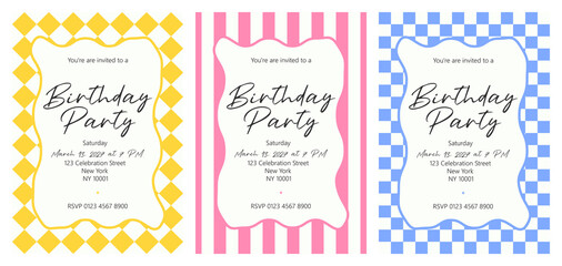 Colorful bright multi-colored modern Birthday invitation sets with diamond, striped, checkerboard backgrounds, templates; yellow, pink, and blue colors; cute simple vector illustration, flat style