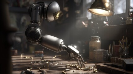 Gleaming robotic arm with magnetic attachment retrieving metallic components in a dimly lit workshop