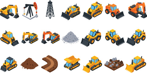 Construction equipment icon set, heavy machinery illustration, excavator bulldozer dump truck vector, industrial tools design, dirt gravel path materials © Tanzila
