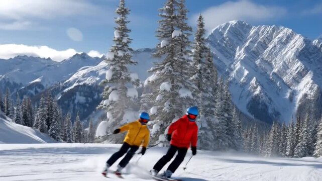 Two individuals wearing vibrant winter attire and protective helmets are expertly skiing down a pristine, snow-covered mountain slope. They carve through the fresh powder, creating dynamic sprays of s