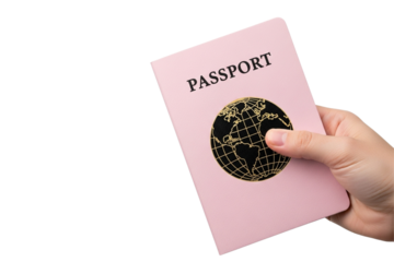 Close up of person holding pink passport with gold globe emblem isolated on transparent background