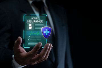 Businessman holding and giving insurance and assurance icon. medical coverage planning, hospital payments, home, car, travel, and policy management.