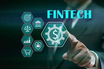Fintech. Businessman touching financial technology on screen. Online banking, Business investment banking payment technology concept
