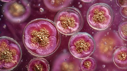 Vibrant microscopic cell structures with golden centers and pinkish-purple hues, perfect for scientific research and medical applications