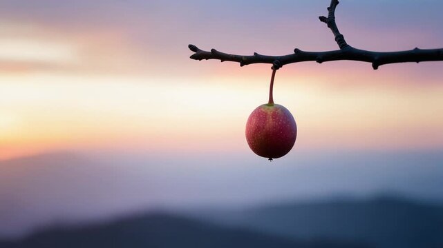 Single fruit hanging from bare branch against twilight sky in serene mountain landscape