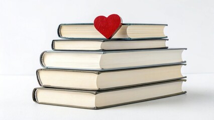 Stack of books with a red heart on top symbolizing love for reading