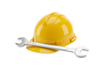 Yellow industrial safety hard hat and metal wrench tool isolated on transparent background