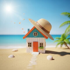 A sunny beach scene with a whimsical miniature house wearing a sun hat