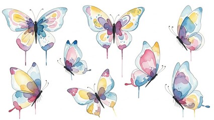 Vibrant butterflies in various poses on white background