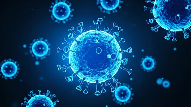 Animated 3D rendering of Coronavirus cells in blue.