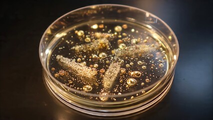 Microscopic view of bacteria colonies growing in a petri dish, perfect for scientific research, healthcare, and medical applications