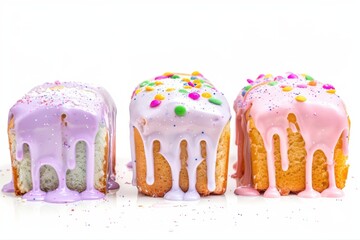 Vibrant pastel mini loaves colorful sprinkles dripping icing Sweet dessert on transparent background